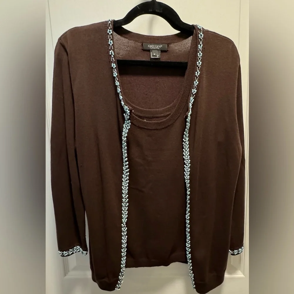 2 piece Karen Kane brown cardigan set - sweater size M, tank size M, teal beads - Picture 1 of 9